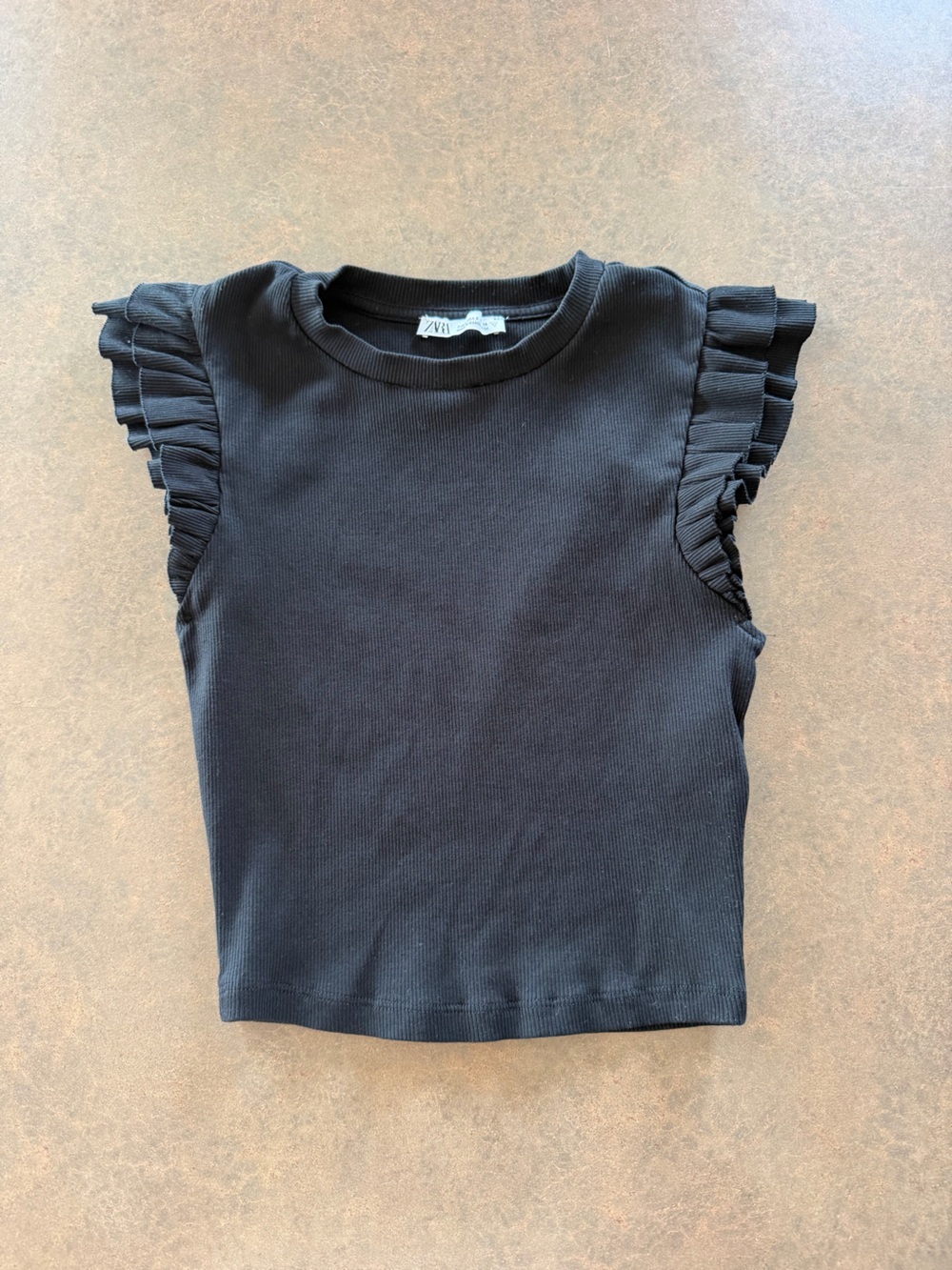 Zara Black Ribbed Ruffle Sleeve Top